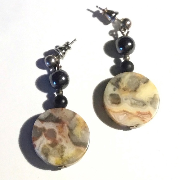 Sterling Silver, Agate, Onyx, Hematite Drops Pierced Earrings - Picture 3 of 3